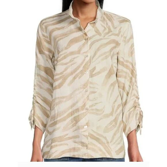 John Mark Linen Cotton Zebra Print Button Down Cinch Sleeve Tunic Top Large - Picture 1 of 14
